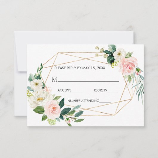 Blush Wit Bloom Goud Lijst Bloemen Bruiloft RSVP (Voorkant)