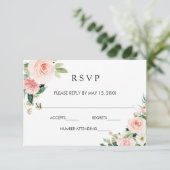 Blush Wit Bloom Goud Lijst Bloemen Bruiloft RSVP Kaartje (Staand voorkant)