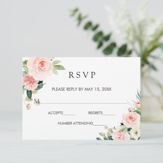Blush Wit Bloom Goud Lijst Bloemen Bruiloft RSVP Kaartje (Staand voorkant)
