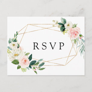 Blush Wit Bloom Goud Lijst Bloemen Bruiloft RSVP Uitnodiging Briefkaart