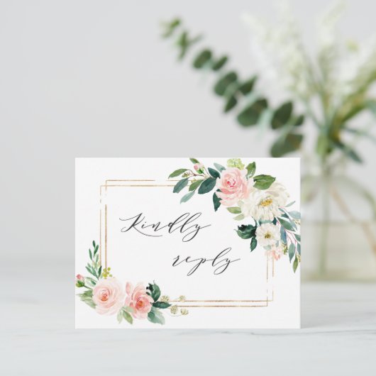 Blush Wit Bloom Goud Lijst Bloemen Bruiloft RSVP Uitnodiging Briefkaart (Staand voorkant)