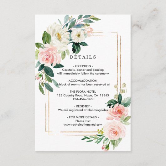 Blush Wit Bloom Goud Lijst Bruiloft Details Informatiekaartje (Voorkant)