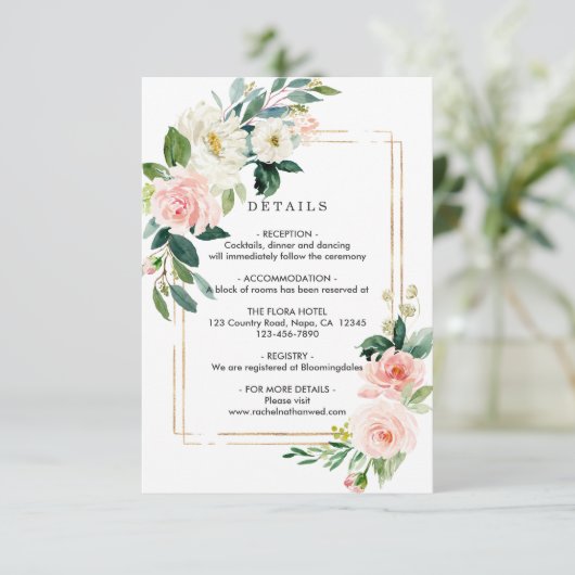 Blush Wit Bloom Goud Lijst Bruiloft Details Informatiekaartje (Staand voorkant)