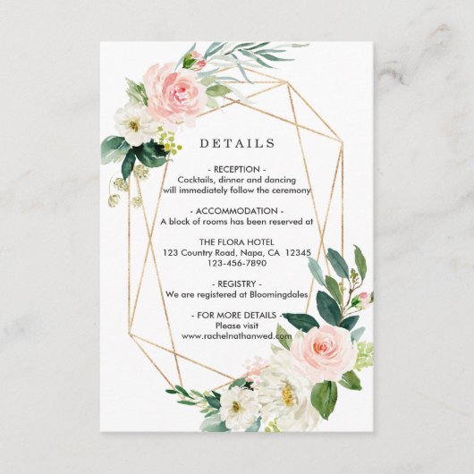 Blush Wit Bloom Goud Lijst Bruiloft Details Informatiekaartje (Voorkant)