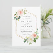 Blush Wit Bloom Goud Zeshoek Bruiloft Kaart (Staand voorkant)