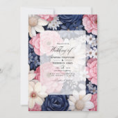 Blush, Wit en Navy Blauw Bloemen Bruiloft Kaart (Voorkant)