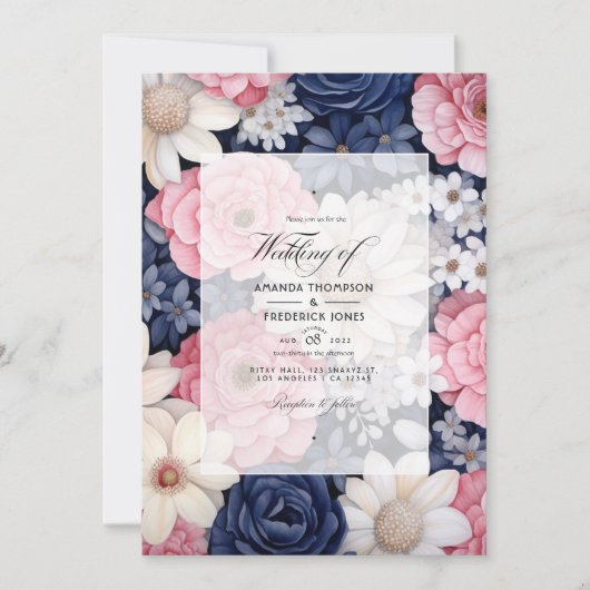 Blush, Wit en Navy Blauw Bloemen Bruiloft Kaart (Voorkant)