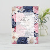 Blush, Wit en Navy Blauw Bloemen Bruiloft Kaart (Staand voorkant)