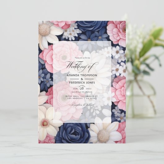 Blush, Wit en Navy Blauw Bloemen Bruiloft Kaart (Staand voorkant)