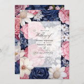 Blush, Wit en Navy Blauw Bloemen Bruiloft Kaart (Voorkant / Achterkant)