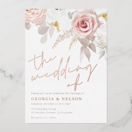 Blush & Wit Moderne Bloemenbruiloft Folie Uitnodiging (Voorkant)