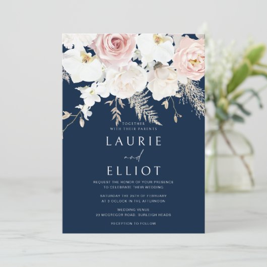 Blush & Wit Stoffig Roze Marine Bloemen Bruiloft Kaart (Staand voorkant)