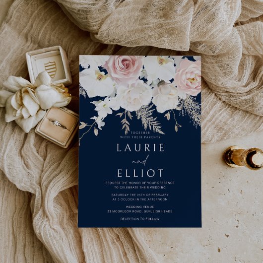 Blush & Wit Stoffig Roze Marine Bloemen Bruiloft Kaart