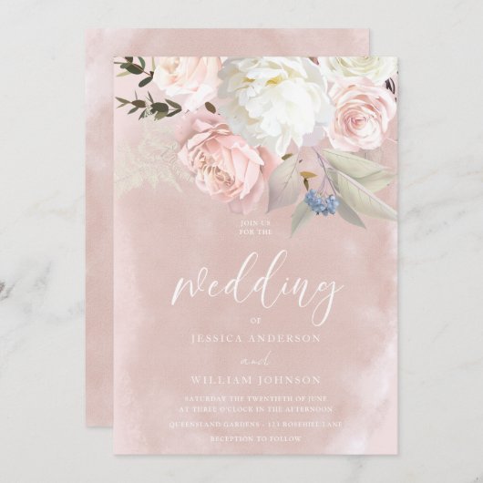 Blush & Witte Bloemen Prachtige Bruiloft Kaart (Voorkant / Achterkant)