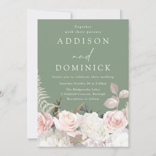 Blush Witte Botanische Rozen Sage Groene Bruiloft Kaart (Voorkant)
