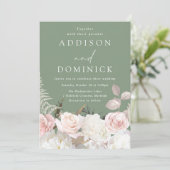 Blush Witte Botanische Rozen Sage Groene Bruiloft Kaart (Staand voorkant)
