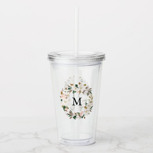 Blush & Witte Magnolia Waterverf krans Monogram Acryl Drinkbeker (Voorkant)