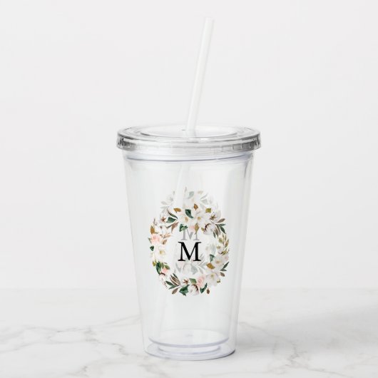 Blush & Witte Magnolia Waterverf krans Monogram Acryl Drinkbeker (Achterkant)