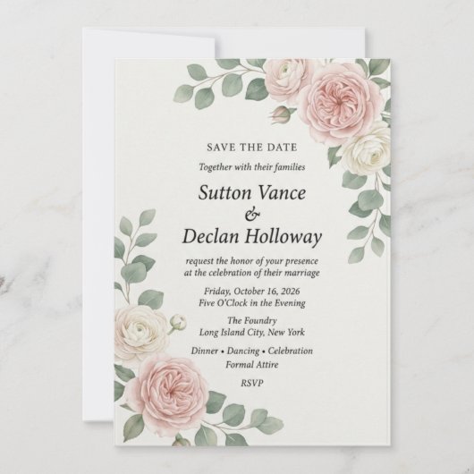 Blush & Witte Roos Botanische Elegante Bewaar de D Kaart (Voorkant)