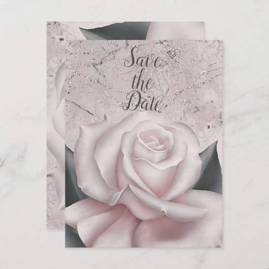 Blush Witte Roos Glam Moderne Marmer Save the Date Aankondigingskaart (Voorkant / Achterkant)