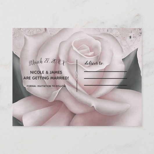 Blush Witte Roos Glam Moderne Marmer Save the Date Aankondigingskaart (Achterkant)