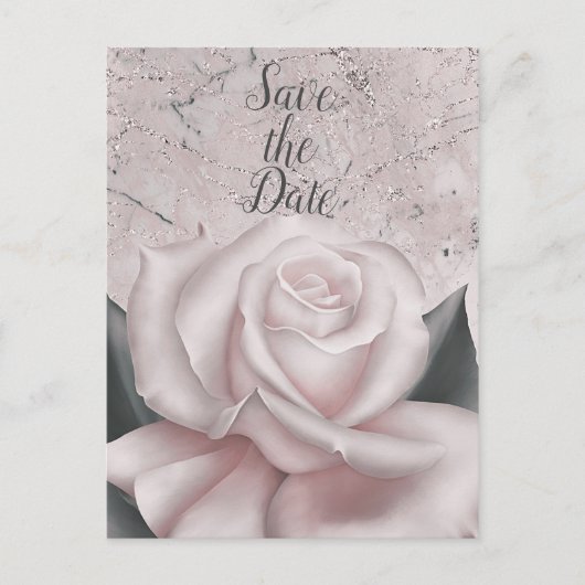 Blush Witte Roos Glam Moderne Marmer Save the Date Aankondigingskaart (Voorkant)