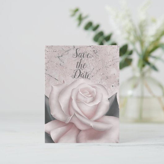 Blush Witte Roos Glam Moderne Marmer Save the Date Aankondigingskaart (Staand voorkant)