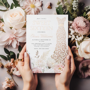 Blush & Witte Roze Gouden Jurk Sweet 16 Feest Folie Uitnodiging