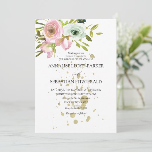 Blush & witte rozen met gouden spetters kaart (Staand voorkant)