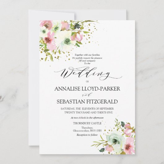 Blush & witte rozen met gouden spetters kaart (Voorkant)