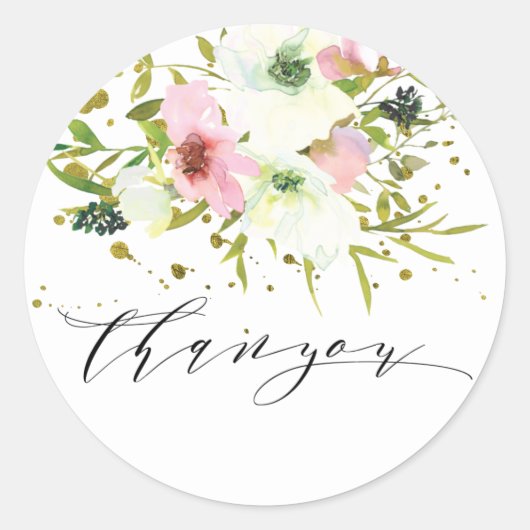 Blush & witte rozen met gouden spetters Thankyou Ronde Sticker (Voorkant)