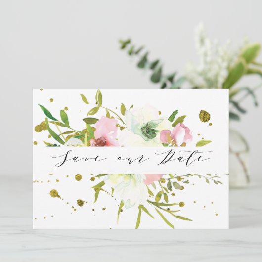Blush & witte rozen met gouden wonden bruiloft save the date (Staand voorkant)