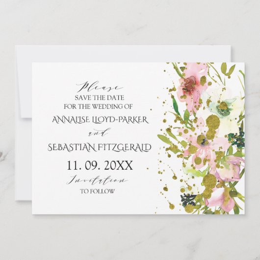 Blush & witte rozen met gouden wonden bruiloft save the date (Achterkant)
