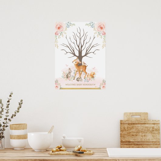Blush Woodland Animals Baby Thumbprint Guestbook Poster (Keuken)
