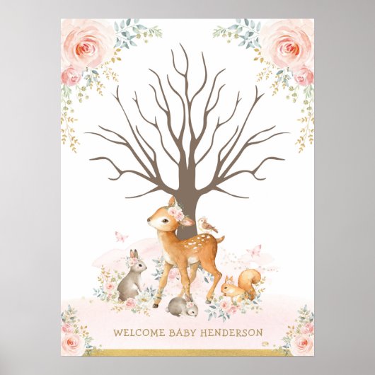 Blush Woodland Animals Baby Thumbprint Guestbook Poster (Voorkant)