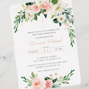 Blush Wreath Roos Gold Cross Eerste Communie Folie Uitnodiging