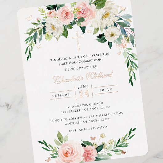 Blush Wreath Roos Gold Cross Eerste Communie Folie Uitnodiging