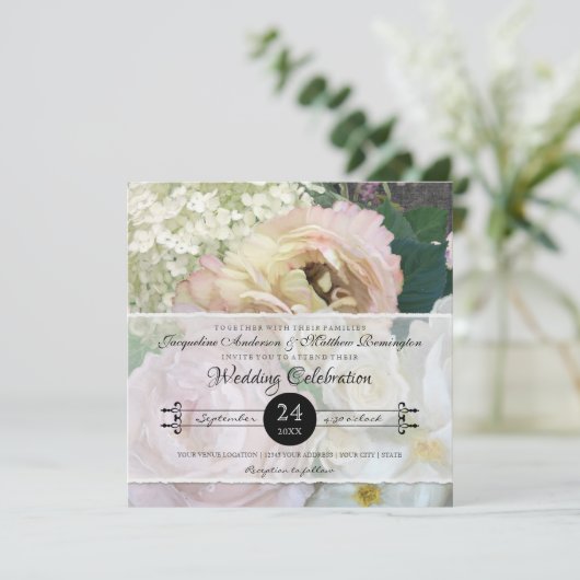  Blush Yellow Peony Hydrangea Rozen Bloemen Kaart (Staand voorkant)