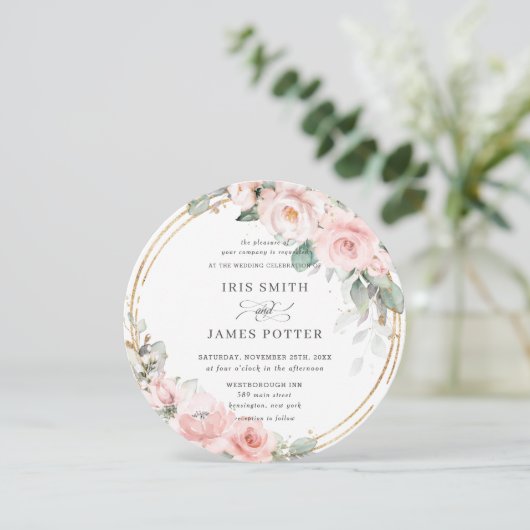 Blush Zacht Roze Bloemen Goud Groen Ronde Bruiloft Kaart (Staand voorkant)