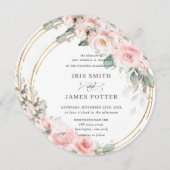 Blush Zacht Roze Bloemen Goud Groen Ronde Bruiloft Kaart (Voorkant / Achterkant)