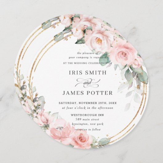 Blush Zacht Roze Bloemen Goud Groen Ronde Bruiloft Kaart (Voorkant / Achterkant)
