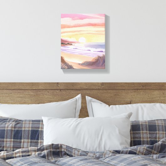 Blush Zee Sunset | Strand Waterverf schilderij Canvas Afdruk (Insitu (Slaapkamer))