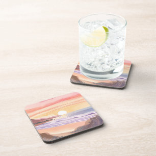 Blush Zee Zonsondergang   Strand Aquarel Schilderi Bier Onderzetter