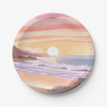 Blush Zee Zonsondergang | Strand Aquarel Schilderi