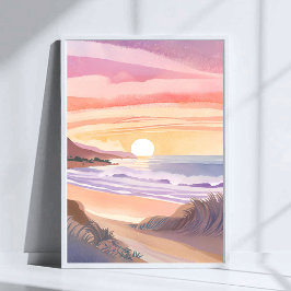Blush Zee Zonsondergang | Strand Aquarel Schilderi Poster
