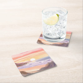 Blush Zee Zonsondergang | Strand Watercolor Schild Kartonnen Onderzetters