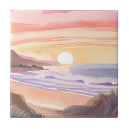 Blush Zee Zonsondergang | Strand Watercolor Schild Tegeltje