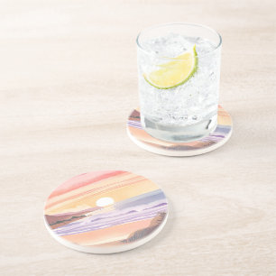 Blush Zee Zonsondergang   Strand Watercolor Schild Zandsteen Onderzetter