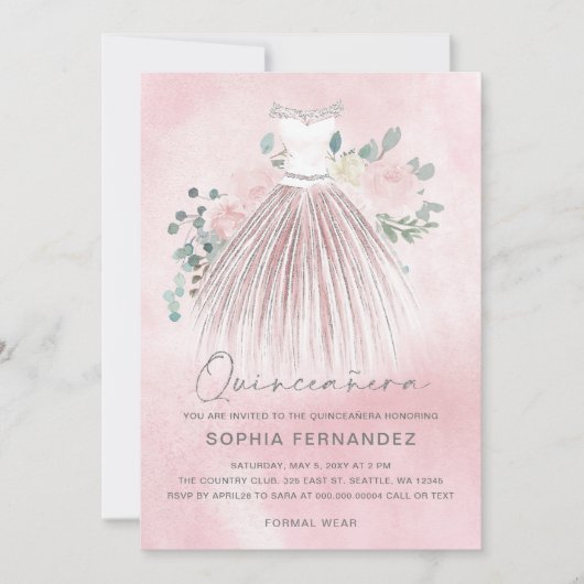 Blush Zilver Glitter Bloemen Jurk Quinceañera Kaart (Voorkant)