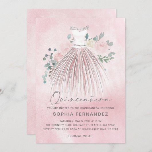 Blush Zilver Glitter Bloemen Jurk Quinceañera Kaart (Voorkant / Achterkant)